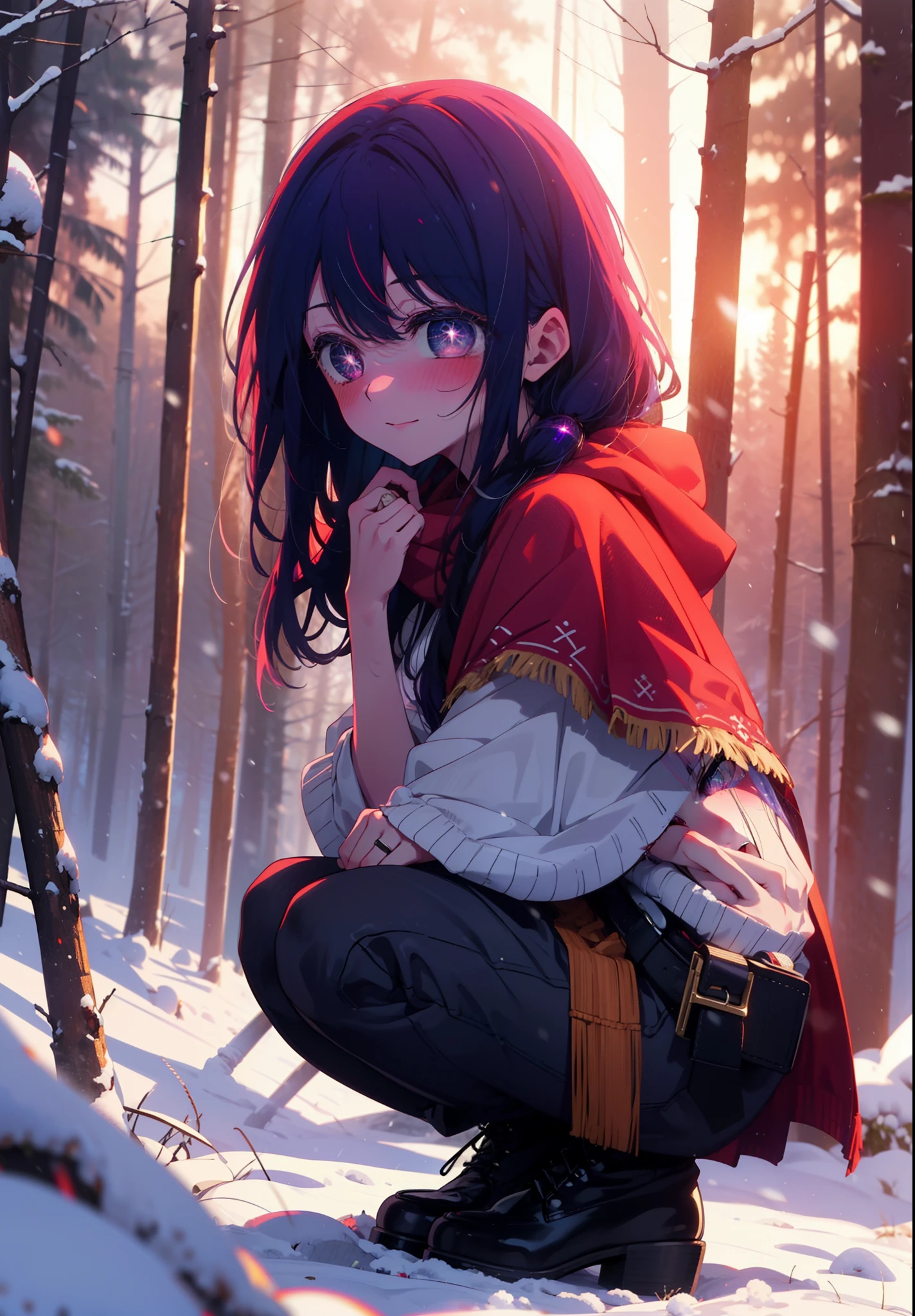 aihoshino, Ai Hoshino, Long Hair, bangs, (Purple eyes:1.1), Purple Hair, (Symbol-shaped pupil:1.5), smile,,smile,blush,White Breath,
Open your mouth,snow,Ground bonfire, Outdoor, boots, snowing, From the side, wood, suitcase, Cape, Blurred, , forest, White handbag, nature, Squat, Mouth closed, Cape, winter, Written boundary depth, Black shoes, red Cape break looking at viewer, Upper Body, whole body, break Outdoor, forest, nature, break (masterpiece:1.2), Highest quality, High resolution, unity 8k wallpaper, (shape:0.8), (Beautiful and beautiful eyes:1.6), Highly detailed face, Perfect lighting, Highly detailed CG, (Perfect hands, Perfect Anatomy),