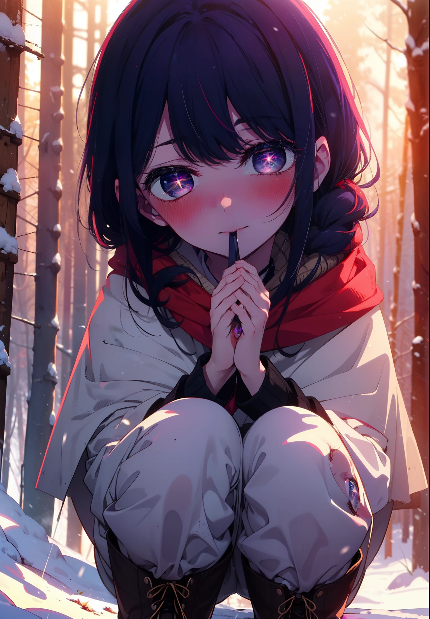 aihoshino, Ai Hoshino, Long Hair, bangs, (Purple eyes:1.1), Purple Hair, (Symbol-shaped pupil:1.5), smile,,smile,blush,White Breath,
Open your mouth,snow,Ground bonfire, Outdoor, boots, snowing, From the side, wood, suitcase, Cape, Blurred, , forest, White handbag, nature,  Squat, Mouth closed, Cape, winter, Written boundary depth, Black shoes, red Cape break looking at viewer, Upper Body, whole body, break Outdoor, forest, nature, break (masterpiece:1.2), Highest quality, High resolution, unity 8k wallpaper, (shape:0.8), (Beautiful and beautiful eyes:1.6), Highly detailed face, Perfect lighting, Highly detailed CG, (Perfect hands, Perfect Anatomy),