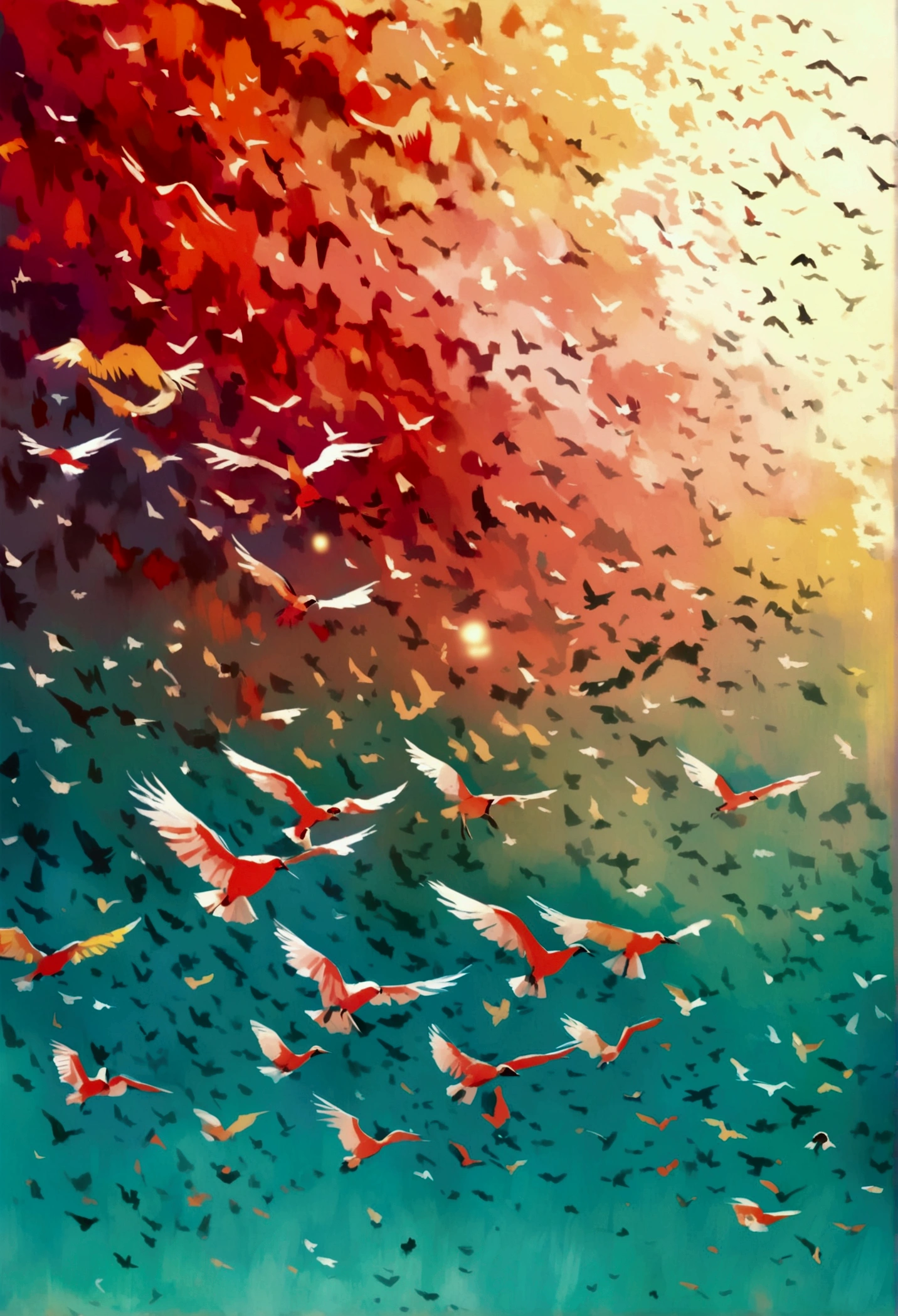 A flock of birds with wings painted in vibrant hues, each one unique and mesmerizing in its own way.