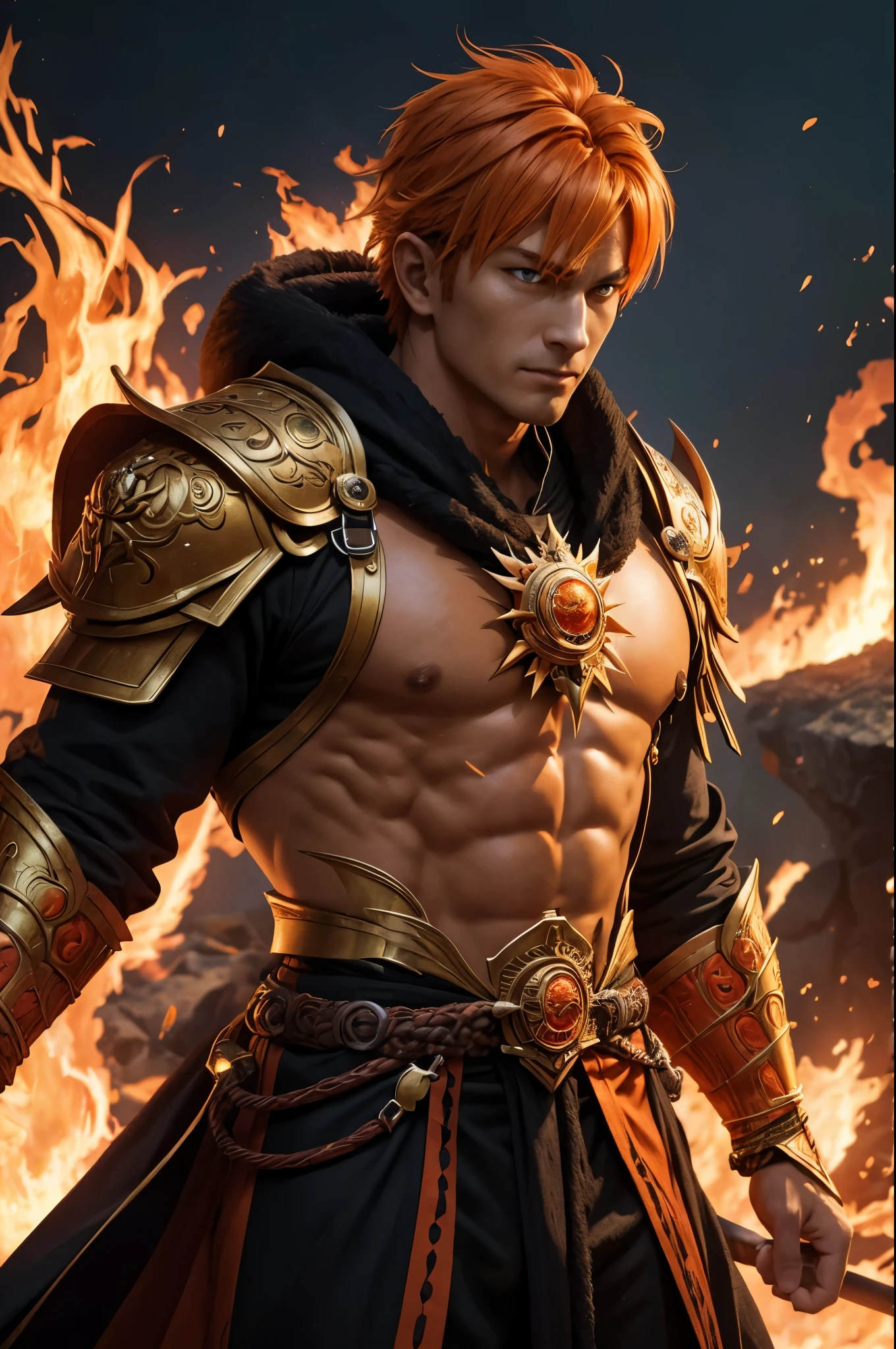 8K,エネルギーを纏った非常に若いFire God Boy,Super handsome(Like the real thing),He looks at the audience with a fearless smile.,Orange Hair,Orange Flame Armor(Fire God Crest),Orange Flame Gauntlet(Fire God Crest),Orange Flame Leg Guards(Fire God Crest),Dark and desolate land,Photorealistic RAW photos of the highest quality。Bright colors,Rich colors, Backlight, Cinema Lighting, Film Grain, 50mm lens, Nikon D850,Realistic Skin,Fantasy art,Character Art,Ultra-high resolution,Realistic Skin,Extremely strong and defined abs,bulging muscles,Fire God Boy,Golden Eyes,