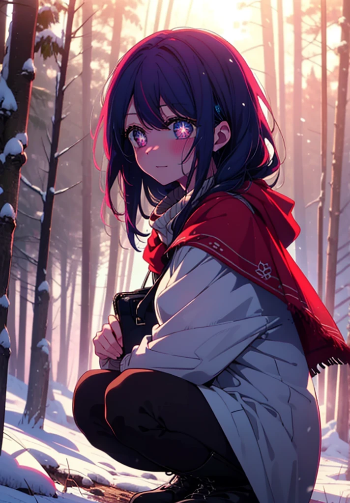aihoshino, Ai Hoshino, Long Hair, bangs, (Purple eyes:1.1), Purple Hair, (Symbol-shaped pupil:1.5), smile,,smile,blush,White Breath,
Open your mouth,snow,Ground bonfire, Outdoor, boots, snowing, From the side, wood, suitcase, Cape, Blurred, , forest, White handbag, nature,  Squat, Mouth closed, Cape, winter, Written boundary depth, Black shoes, red Cape break looking at viewer, Upper Body, whole body, break Outdoor, forest, nature, break (masterpiece:1.2), Highest quality, High resolution, unity 8k wallpaper, (shape:0.8), (Beautiful and beautiful eyes:1.6), Highly detailed face, Perfect lighting, Highly detailed CG, (Perfect hands, Perfect Anatomy),