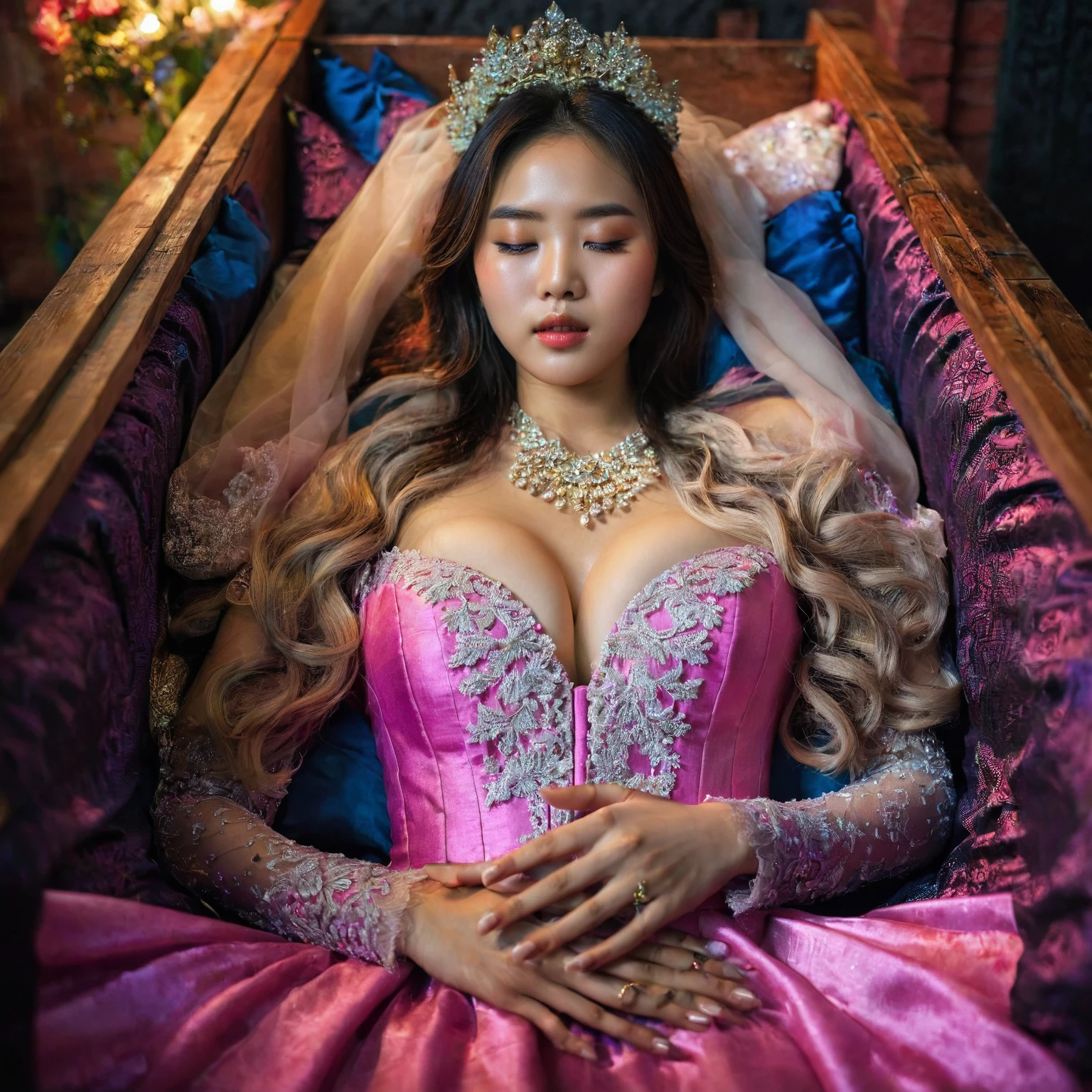 In a striking 8K HDR scene, a stunning Korean woman, 22 years old, lies peacefully in a colorful coffin surrounded by plush pillows. The deep box is set against a rich black background, accentuating the beauty of the subject. Her exquisite kebaya with sleeve attire is embroidered with superb detail, showcasing her round and firm breasts, perfect cleavage, and beautiful eyebrows. Her closed eyes and mouth give an air of serenity, while her visible and absolute cleavage leave nothing to imagination. The scene is bathed in saturated colors, highlighting every intricate aspect from the ball skirt to her clean face, straight body, detailed hand perfect hands, straight body.