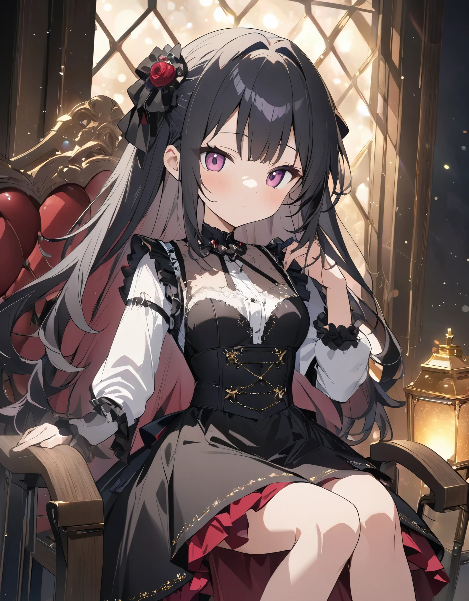 (anime style:1.4),超High resolution, Attention to detail, high quality, High resolution, 最high quality, 4K, 8K、Bokeh, background, glitter,f/28mm、A room filled with light、Gothic dresses、Gothic room、Sitting in a chair drinking tea、Lady
