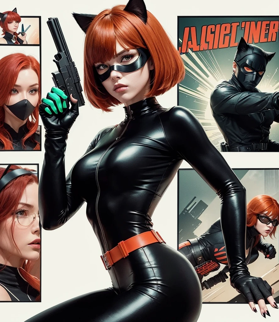 American classic comics: Agent woman, short reddish orange red hair with bangs, cat ears, tight black agent spy outfit, black hero mask, black tight leggings, neon turquoise green nails, martial arts, holding a revolver, secret espionage, black window outfit, feline nails, super secret agent, super hero classic comics.