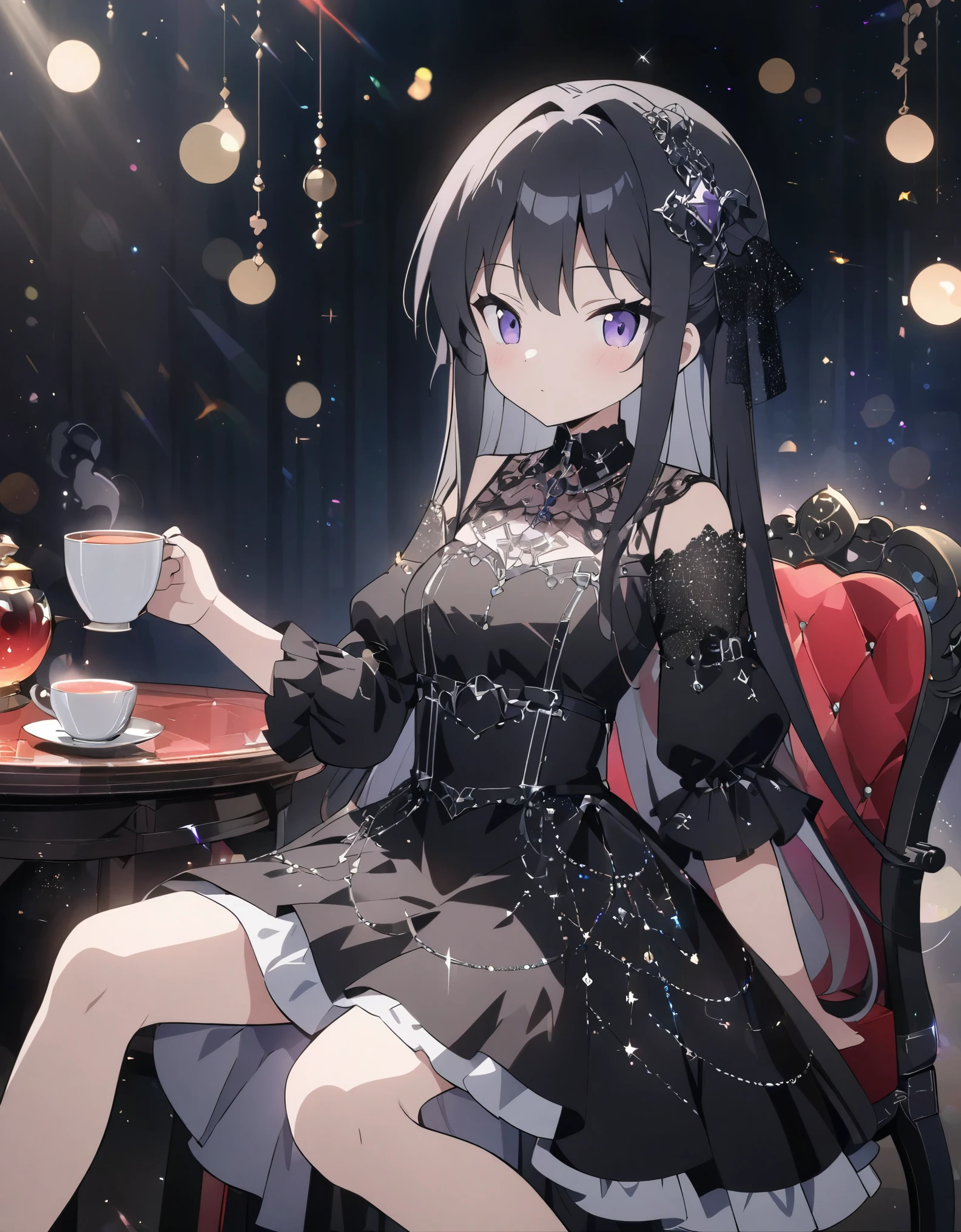 (anime style:1.4),超High resolution, Attention to detail, high quality, High resolution, 最high quality, 4K, 8K、Gothic dresses、Gothic room、Sitting in a chair drinking tea、Lady