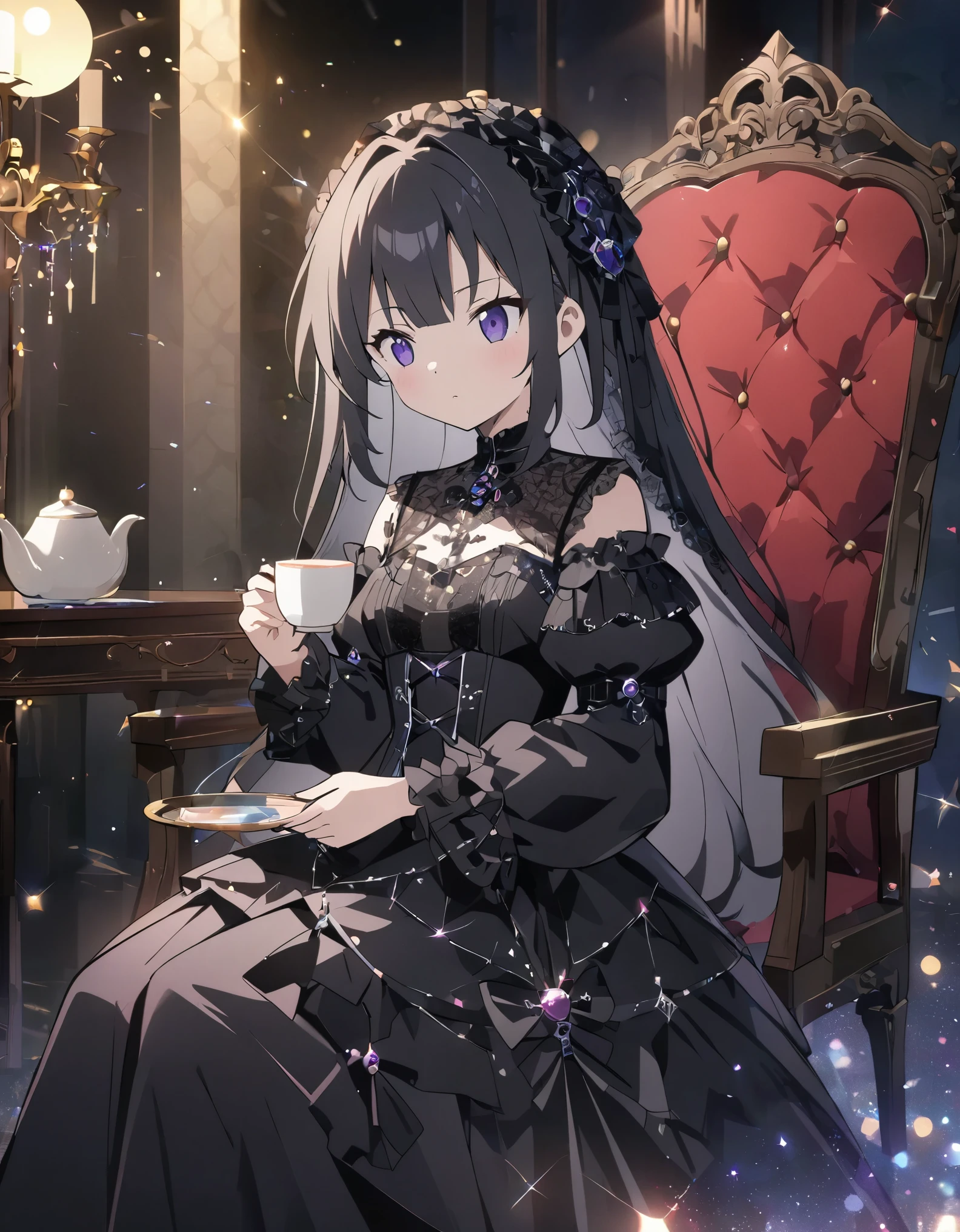 (anime style:1.4),超High resolution, Attention to detail, high quality, High resolution, 最high quality, 4K, 8K、Bokeh, background, glitter,f/28mm、A room filled with light、Gothic dresses、Gothic room、Sitting in a chair drinking tea、Lady、(紫の髪:0.9)
