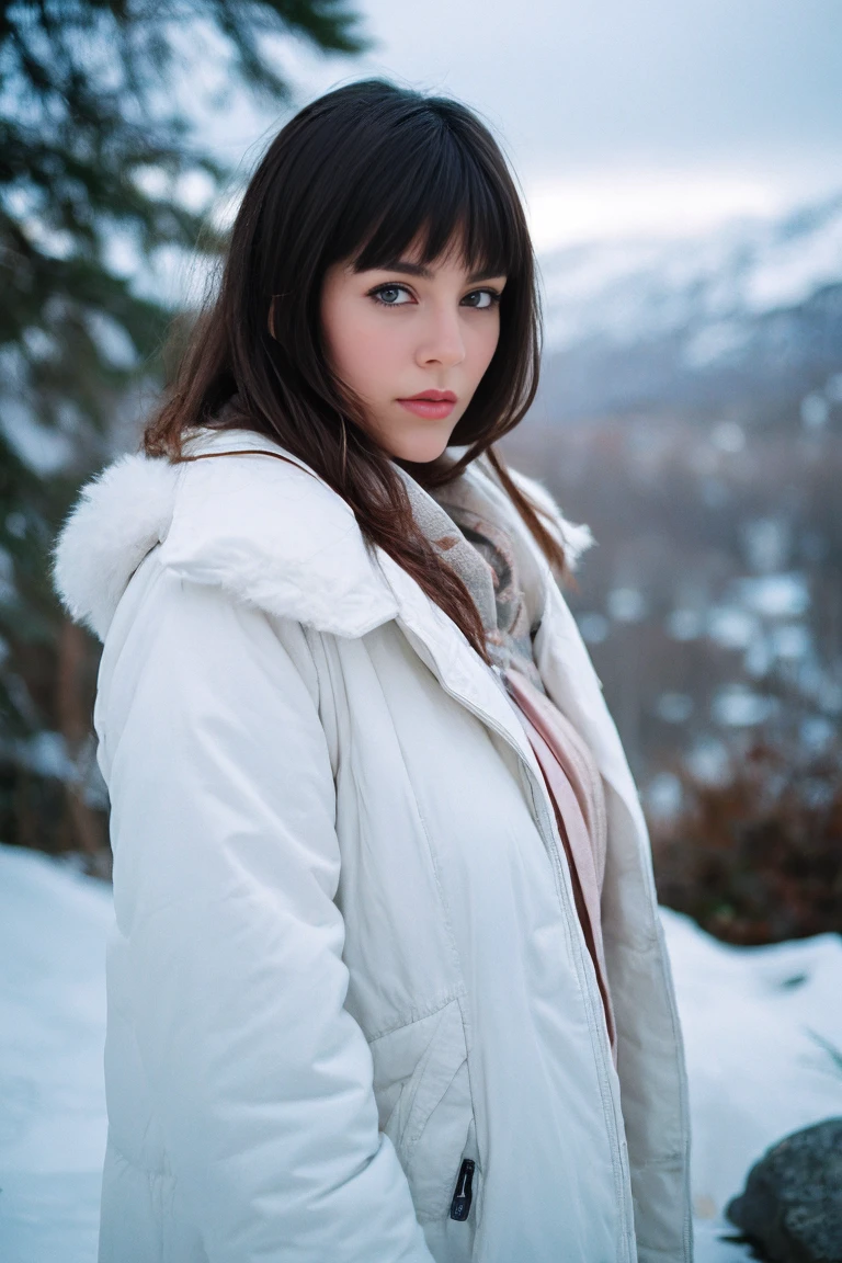 photo of Beautiful brunette woman standing in the snowy mountains with colorful, perfect lighting. Shot with Leica Summicron 35mm f2.0 lens on Kodak Portra 400 film.