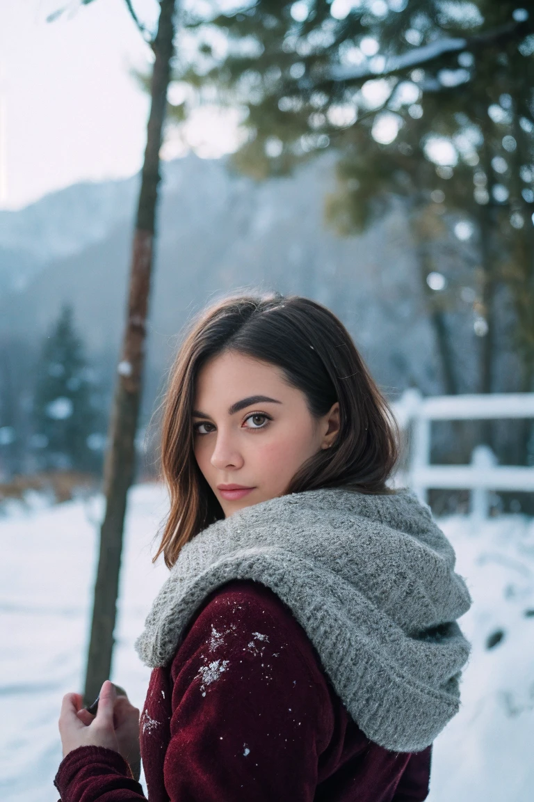 photo of Beautiful brunette woman standing in the snowy mountains with colorful, perfect lighting. Shot with Leica Summicron 35mm f2.0 lens on Kodak Portra 400 film.