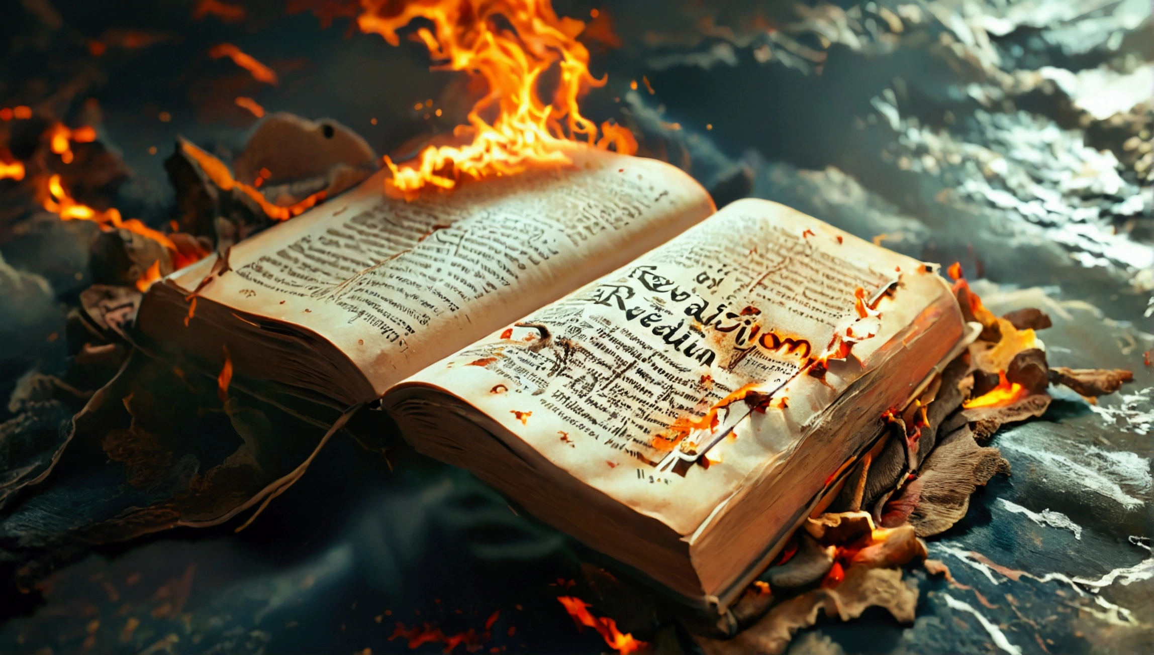 The book of revelation being opened with title "The conclusion and the beginning of the book of Revelation"
