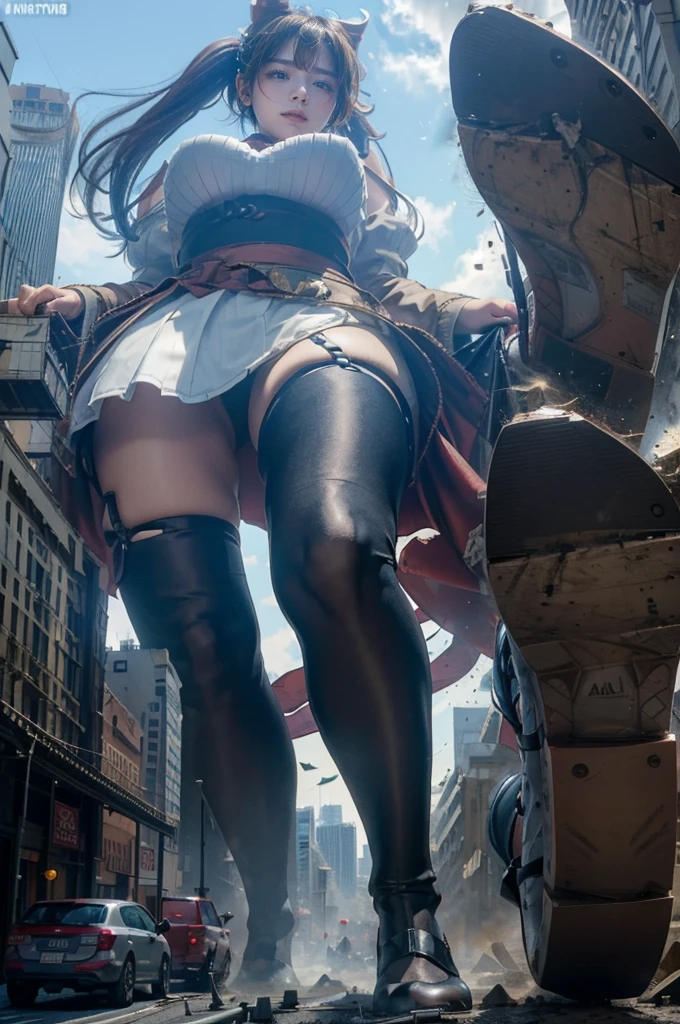 The building collapses、Urban hustle and bustle、Traffic jam、City of Rubble、street tree、((((Azur Lane Cheshire))))、Maid clothes、Super huge breasts、Plump thighs、Ground View，City of Giants,500 foot tall giant girl，skyscraper,Has super long legs,Step into the crowd，There are many people on the street,Knee-high socks，She has waist-length black hair，Wear Mary Jane heels，A happy look，Standing on the ruins，Beautiful appearance，Exquisite makeup，quality，8K，高quality，Perfect Proportions, Cinema Lighting，Film Grain，The Colors of Fuji，8K，Textured skin，Super Detail，High detail，high quality，High resolution，explode，False Smile,Show your pants