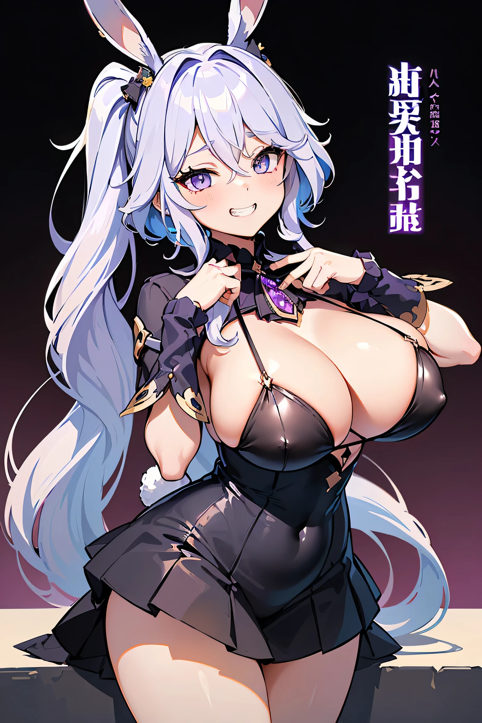 Nasheed_Genshin Impact Long Hair、Rabbit ears朵2.0、(Purple Eyes 3.0)、bangs、Pointed ears、Hair accessories、White hair、Symbolic eyes colorful hair、Side Ponytail、Gradient hair、(Purple Hair3.0)、Hair between the eyes、Interpupillary cross,Awkward,blush,(Perfect hands),(Perfect anatomical structure),(masterpiece),(best quality),((masterpiece、best quality、Very detailed)、((A girl))、((Purple Hair、Very long hair、Cover your eyes))、Pink Eyes、Smile、((There are many piercings))、((Very large breasts))、Cowboy shooting、Shot from below、12 year old girl、((best quality)), ((masterpiece)), (detailed), (character focus、Breast Focus,whole body), Anime 2D Rendering, Realistic young anime women, Five fingers, Perfect face, Beautiful details, Beautiful Body, Beautiful breasts, Beautiful thighs, (Huge breasts)、Beautiful Feet, (Fair and beautiful skin), baby face、A girl、 (Bunny Girl)、,((Grin))、She turned her face and body toward the audience,Beautiful face and charming smile,eternal,Hair Cover your eyes,(Large Breasts),比基尼,Shy,Exceed,Thick Legs,Succubus,Fascinating three-dimensional,Fascinating three-dimensional,Fascinating three-dimensional,Magical girl,Black shiny,((前发Hair Cover your eyes)),night,No backrest,whole body,Purple Hair,Purple Eyes,Bare legs,No backrest,Black clothes,Bunny Girl,Rabbit ears,Purple diamonds