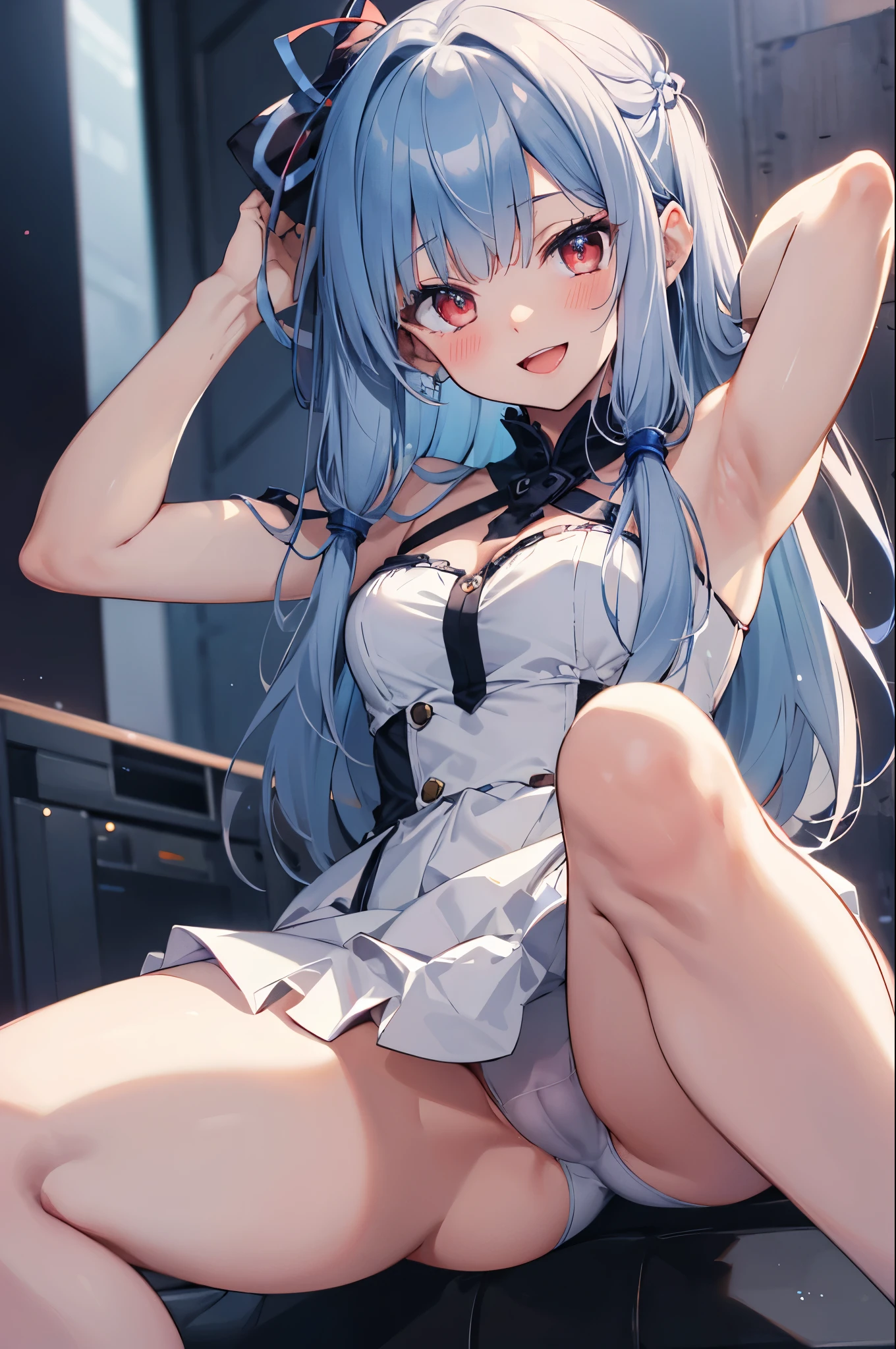 kotonoha aoi, hair ribbon, blue hair, red eyes,blunt bangs, white dress,upper body:1.3),open mouth,smile,blush,spread armpit, arms behind head,(spread legs:1.3),(legs up),(cameltoe:1.3),masterpiece,Noise Reduction,perfect anatomy,high resolution, ultra-detailed,game cg,dutch angle ,beautiful detailed eyes,visualart,five fingers, perfect hands, perfect lighting,