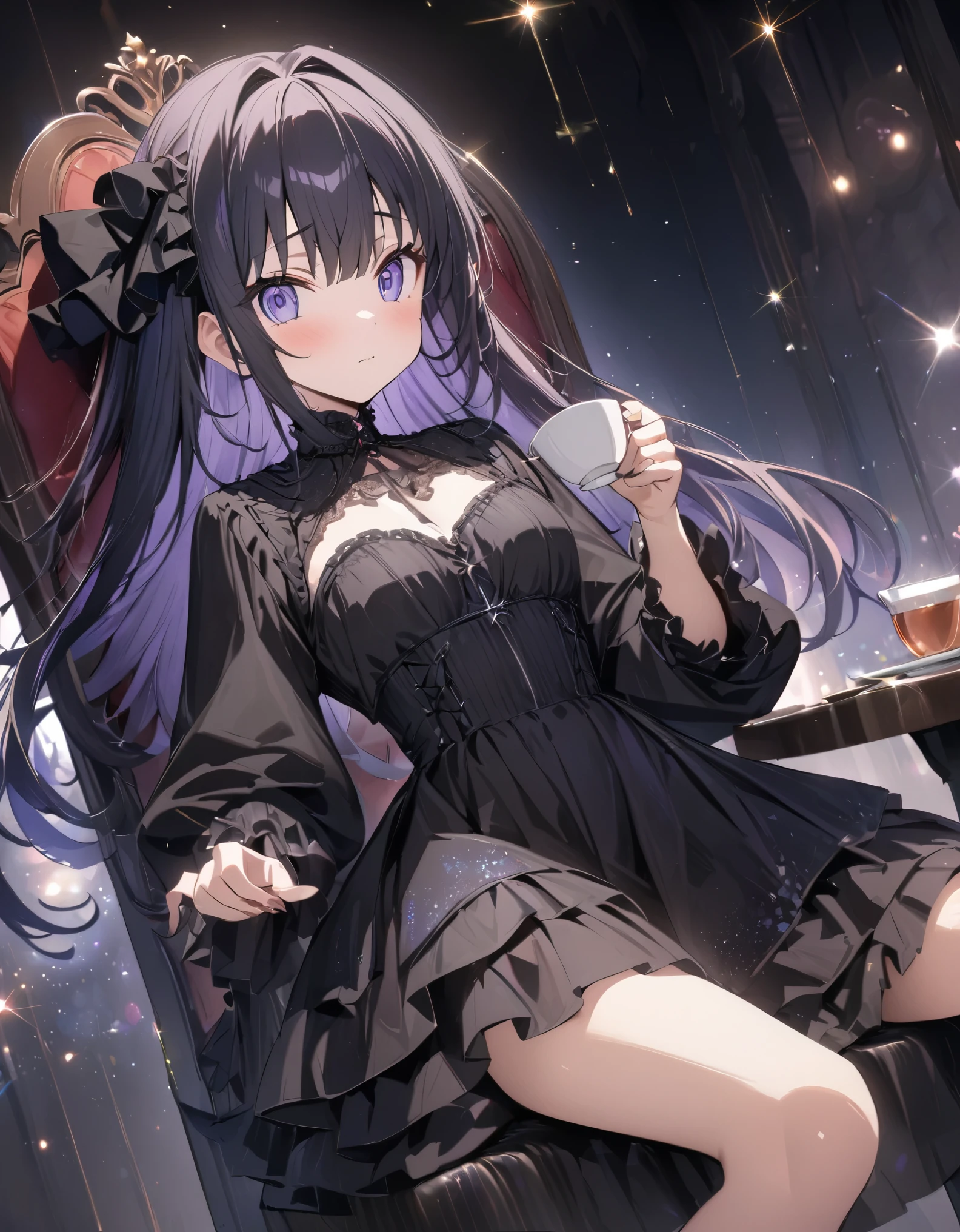 anime style:1.4),超High resolution, Attention to detail, high quality, High resolution, 最high quality, 4K, 8K、bokeh, background, glitter,f/28mm、A room filled with light、Gothic dresses、Gothic room、Sitting in a chair drinking tea、Lady、(Purple Hair:0.5)