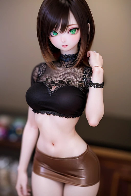 (SFW:2), photorealistic, realistic photo, 8k, ((highest quality)), ((masterpiece)), (extremely detailed), kukolnydom, doll, (mature woman, 20yo, 20 years old:1.6), solo, ((cowboy shot, standing)), skinny, slim, slender, thin body, (blouse, skirt, parted lips, green eyes, brown hair, plastic skin, looking at another, glass eyes, gradient eyes, shining eyes, detailed eyes:1.3)