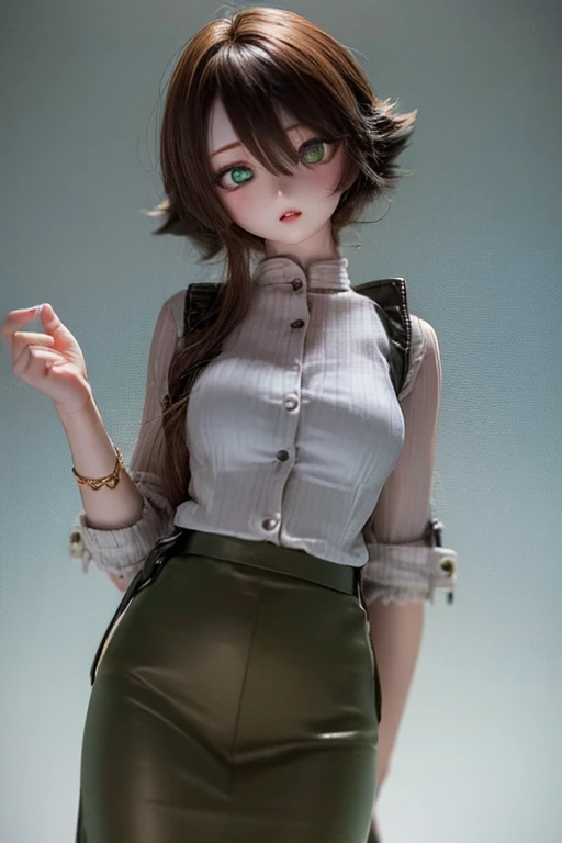 (SFW:2), photorealistic, realistic photo, 8k, ((highest quality)), ((masterpiece)), (extremely detailed), kukolnydom, doll, (mature woman, 20yo, 20 years old:1.6), solo, ((cowboy shot, standing)), skinny, slim, slender, thin body, (blouse, skirt, parted lips, green eyes, brown hair, plastic skin, looking at another, glass eyes, gradient eyes, shining eyes, detailed eyes:1.3)