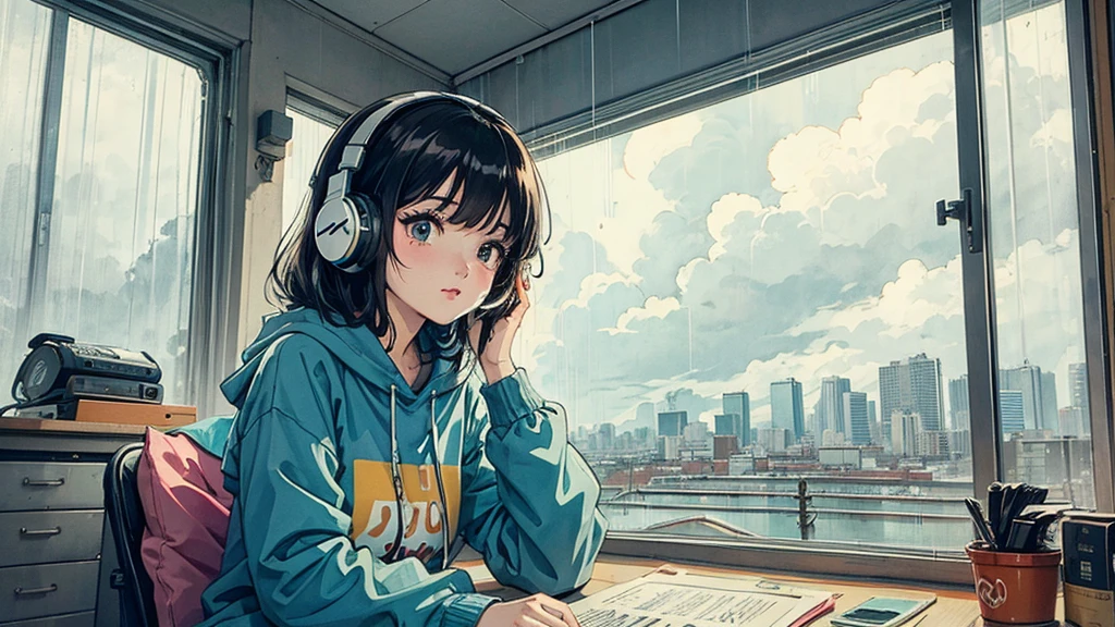 A cute girl's room, girl, 80s anime style, wearing headphones, rainy day, retro, lo-fi, detailed, perfect fingers, masterpiece, cloudy and raining outside