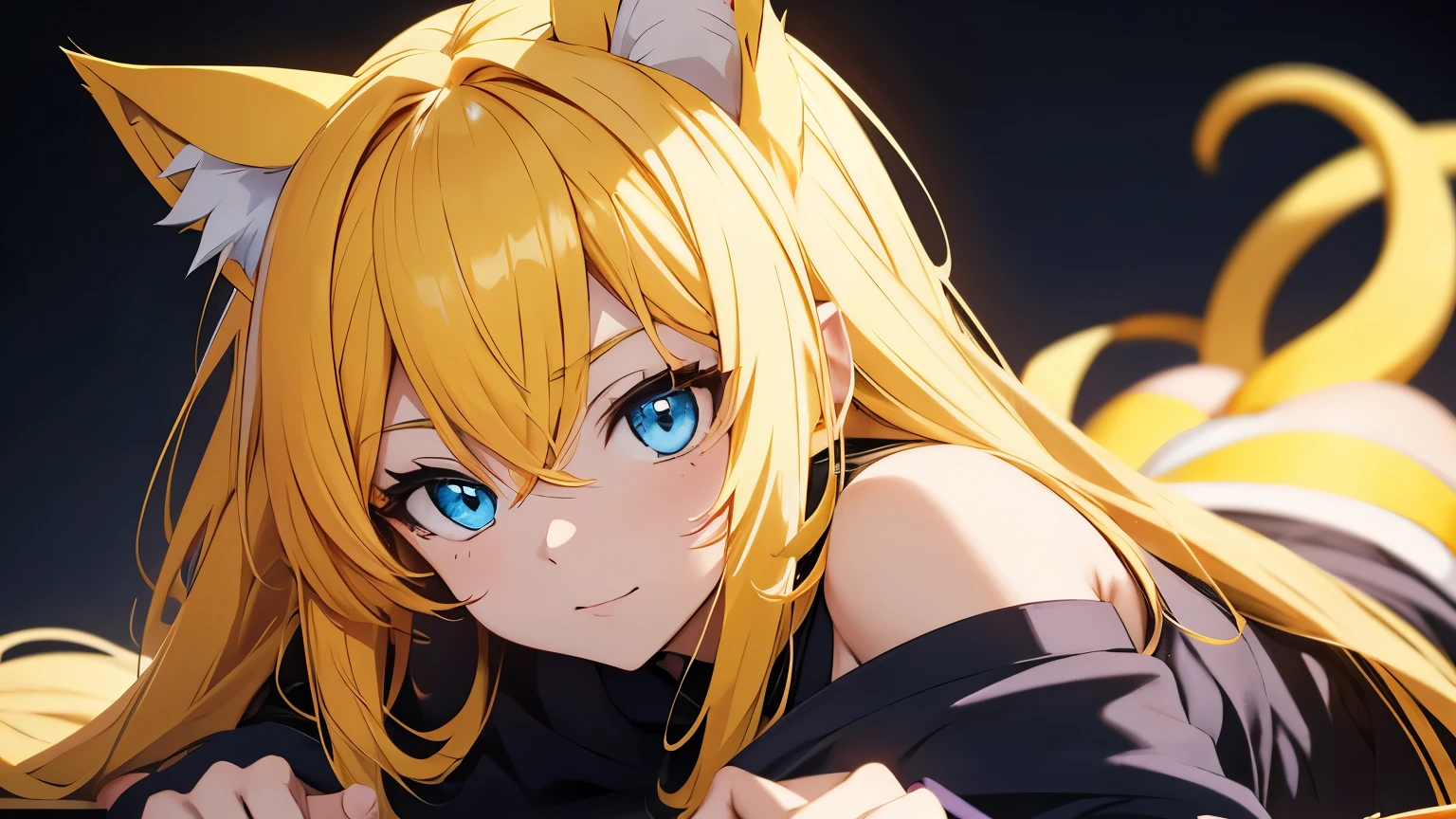 Anime cat girl with yellow ears, long yellow hair, blue eyes, sexy