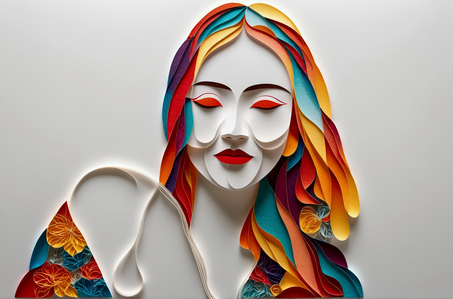 (White background:1.4),(Silhouette of a girl's head, Eyes closed, colorfull long hair, Oriental elements)，(Chinese illustration:1.3，paper art:1.3, Quilted paper art:1.2),( reasonable design, Clear lines, High sharpness,Best quality, Very detailed, Masterpiece, movie light effect, 4K ) ,Brown eyes