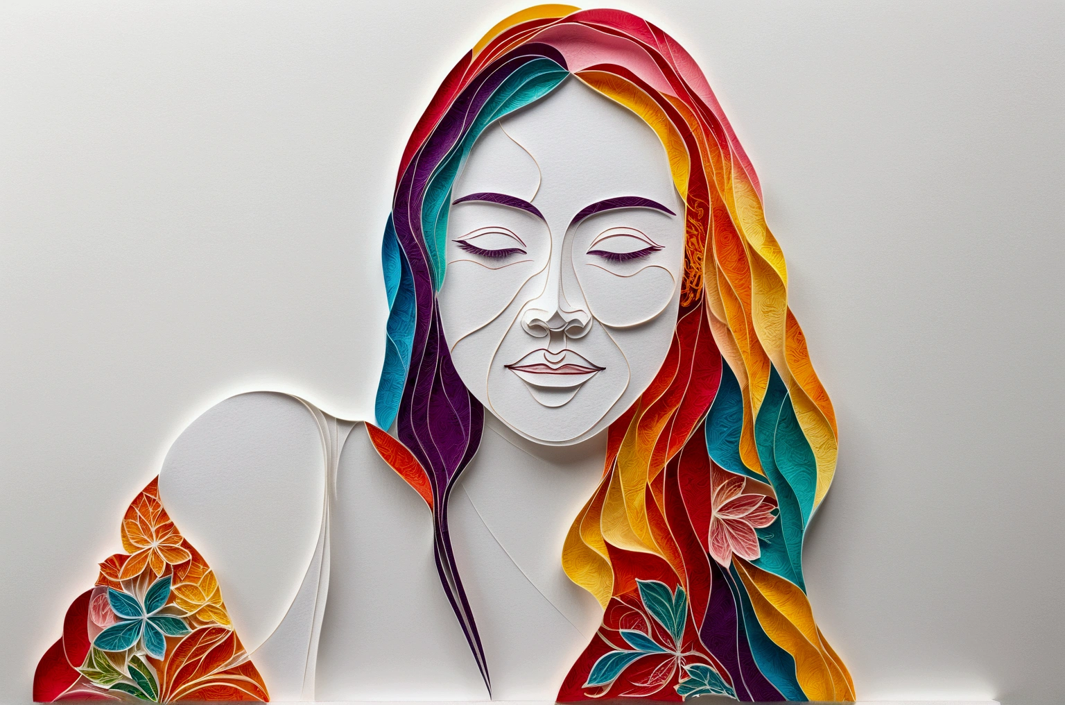 (White background:1.4),(Silhouette of a girl's head, Eyes closed, colorfull long hair, Oriental elements)，(Chinese illustration:1.3，paper art:1.3, Quilted paper art:1.2),( reasonable design, Clear lines, High sharpness,Best quality, Very detailed, Masterpiece, movie light effect, 4K ) ,Brown eyes