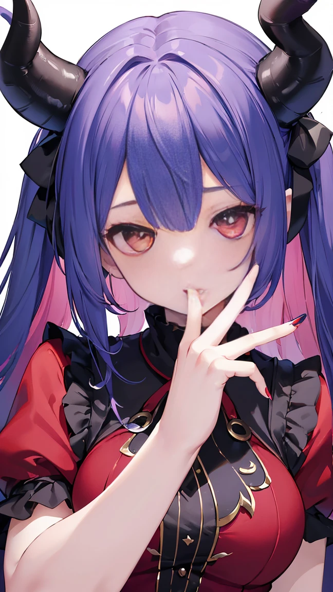 (((Best quality, 8k, Masterpiece: 1.3)), ((best quality)), ((masterpiece)), (detailed), perfect face, horns, crazy eyes, devil pupils, heterochromia, crazy, yandere, Demon girl with goat horns, demon world, underground, dim light, Long nails, nail art, nail artist, Beautiful fingertips, detailed hands and fingers, Party Dress, red dress, blue hair