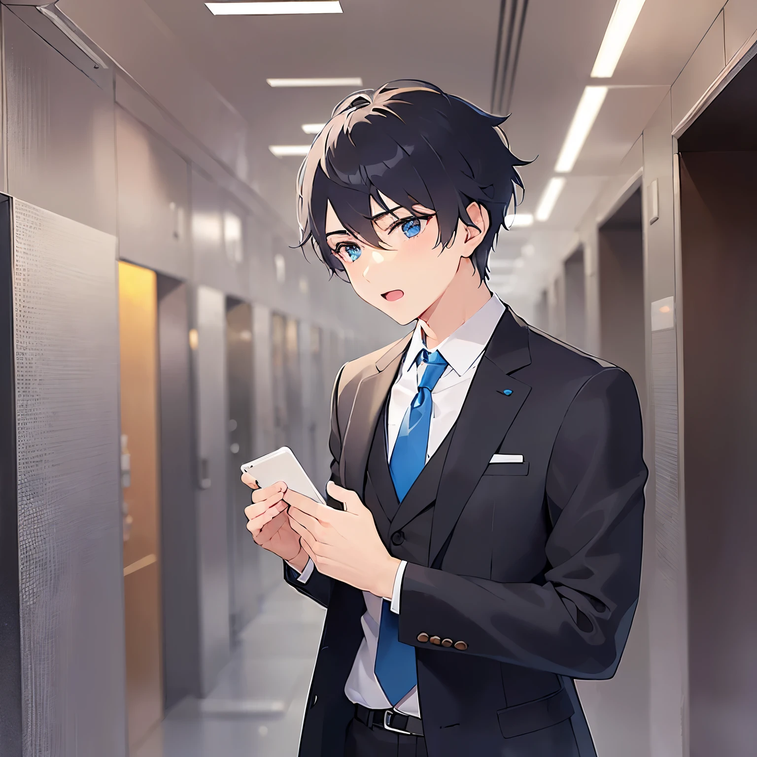 (25-year-old male:1.5) and (Black short hair) and (blue eyes)
(Wearing a suit:1.5) and (Blue tie)、(looking away:1.5),upper body、
shiny skin, masterpiece、Highest quality、
The hotel lobby in the background、(blush:1.4)、Panic、open mouth