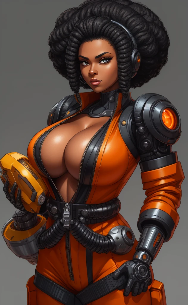 a beautiful black woman with black afro cornrows hairstyle,A gorgeous female mechanic in an atompunk style, with a blank background, wearing an unzipped orange jumpsuit revealing cleavage, featuring a mechanical hand and cybernetic augments, in a retro-futuristic setting with gunmetal grey tones,