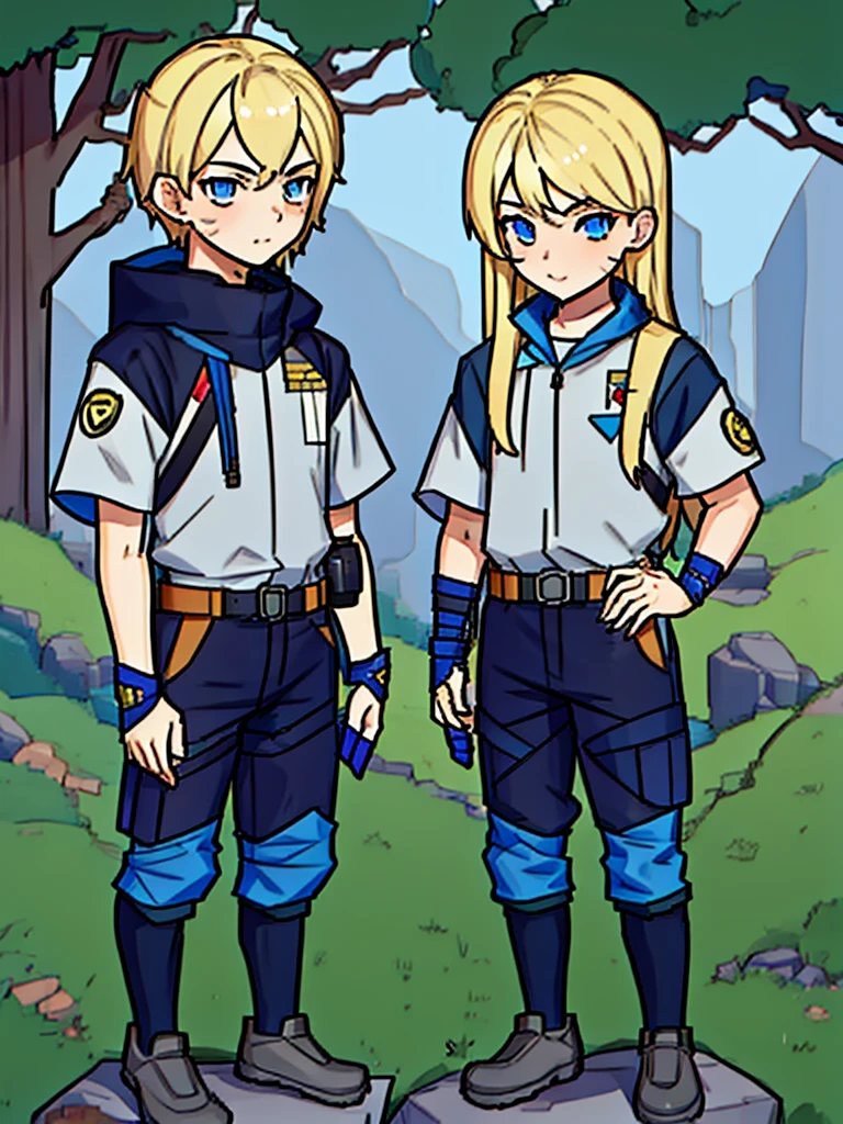 They are ***************s twin with blonde hair. One has an energetic and curious expression, dressed in rugged survival attire. Another one appears more serious and focused, also dressed in practical survival gear with a pragmatic touch. it has to be full body 