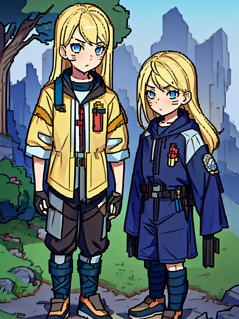 They are -yeld botwin with blonde hair. One has an energetic and curious expression, dressed in rugged survival attire. Another one appears more serious and focused, also dressed in practical survival gear with a pragmatic touch. it has to be full body 