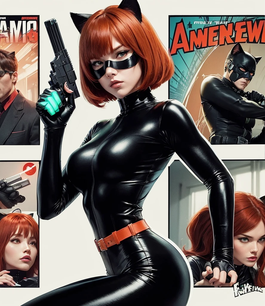 American classic comics: Agent woman, short reddish orange red hair with bangs, cat ears, tight black agent spy outfit, black hero mask, black tight leggings, neon turquoise green nails, martial arts, holding a revolver, secret espionage, black window outfit, feline nails, super secret agent, super hero classic comics.