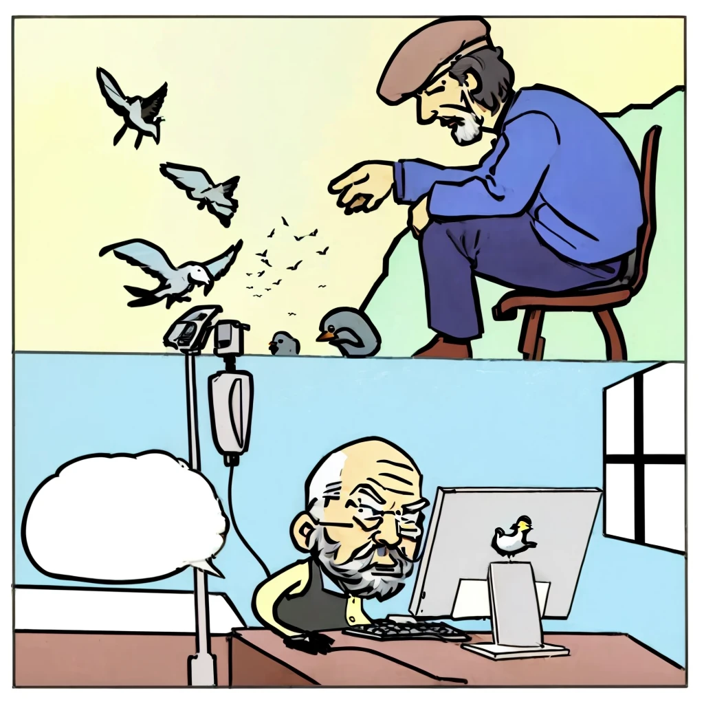 cartoon of a man sitting at a desk with a computer and birds flying around him, an old man with 7 yellow birds, technological anguish, old man doing hard work, humorous illustration, holding electricity and birds, moebius comic style, technology vs nature, comic illustration, drawn with photoshop, old internet art, inspired by Zygmunt Vogel