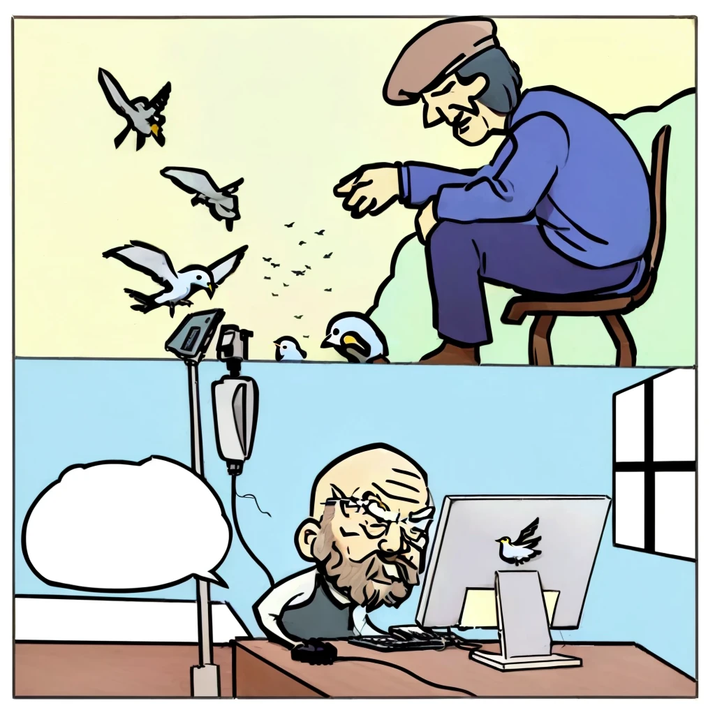 cartoon of a man sitting at a desk with a computer and birds flying around him, an old man with 7 yellow birds, technological anguish, old man doing hard work, humorous illustration, holding electricity and birds, moebius comic style, technology vs nature, comic illustration, drawn with photoshop, old internet art, inspired by Zygmunt Vogel
