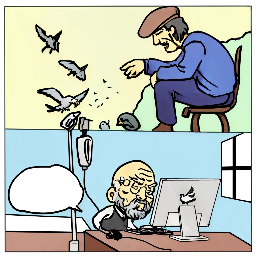 cartoon of a man sitting at a desk with a computer and birds flying around him, an old man with 7 yellow birds, technological anguish, old man doing hard work, humorous illustration, holding electricity and birds, moebius comic style, technology vs nature, comic illustration, drawn with photoshop, old internet art, inspired by Zygmunt Vogel
