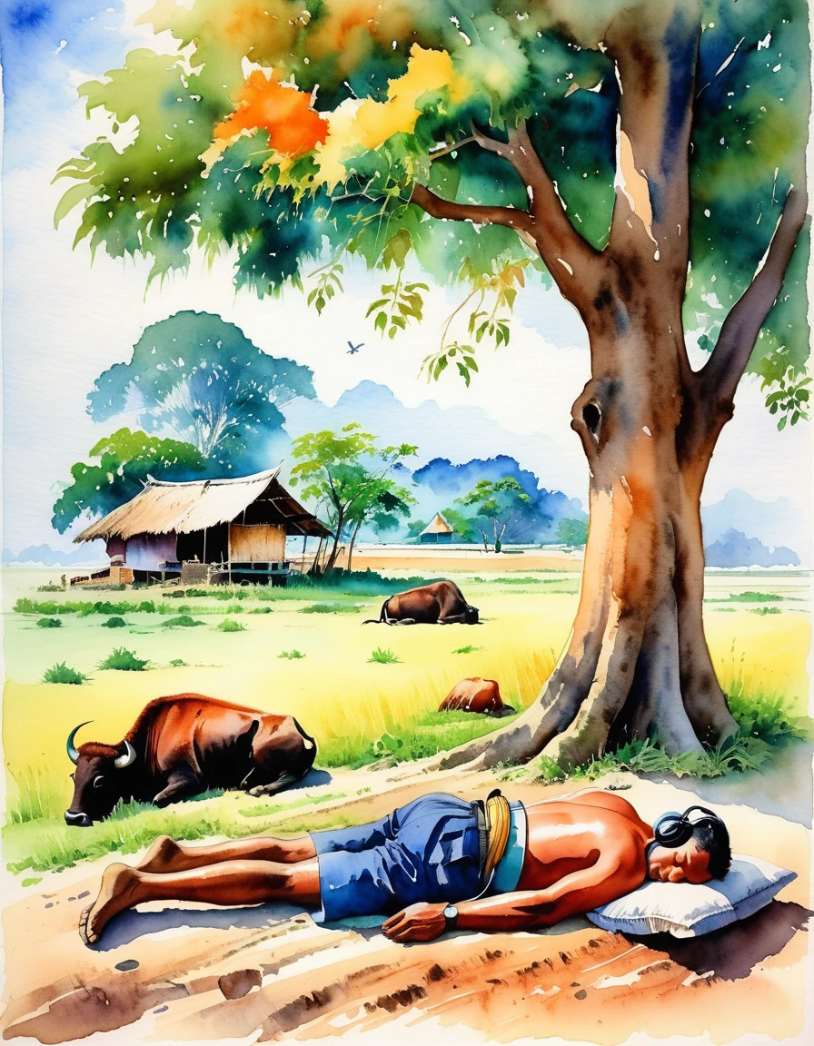 The atmosphere in a rural village in Thailand, a farmer sleeping under a tree listening to the radio. There is a buffalo lying next to us according to the ancient way of life in 1968. Nature's colors are bright, clear, bright and beautiful. Watercolor picture.