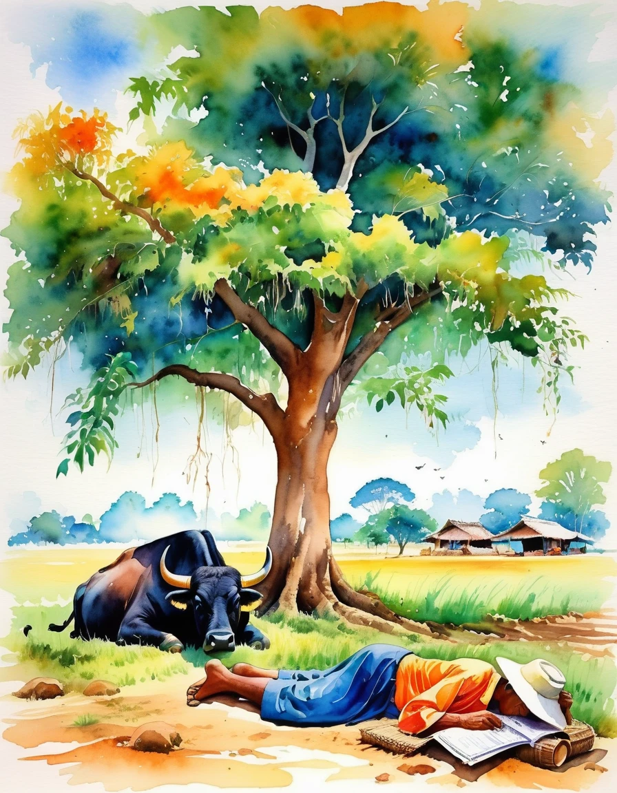 The atmosphere in a rural village in Thailand, a farmer sleeping under a tree listening to the radio. There is a buffalo lying next to us according to the ancient way of life in 1968. Nature's colors are bright, clear, bright and beautiful. Watercolor picture.