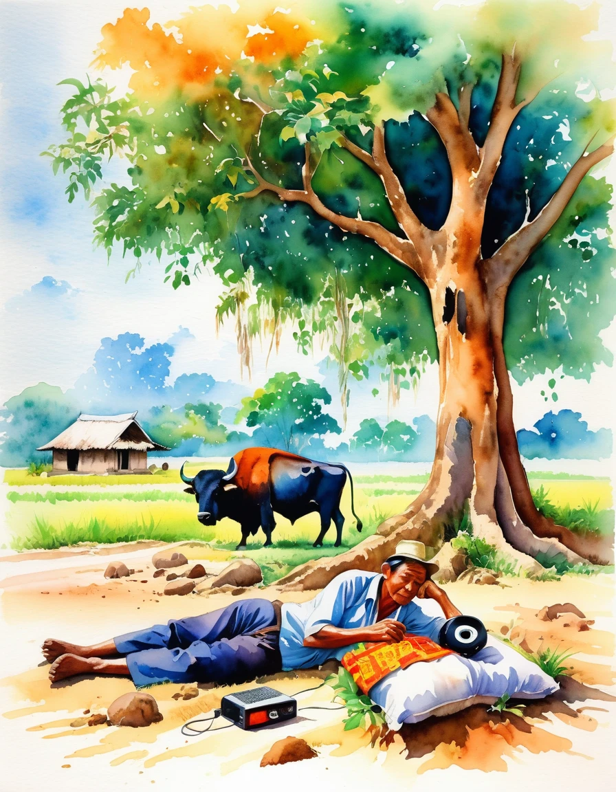 The atmosphere in a rural village in Thailand, a farmer sleeping under a tree listening to the radio. There is a buffalo lying next to us according to the ancient way of life in 1968. Nature's colors are bright, clear, bright and beautiful. Watercolor picture.