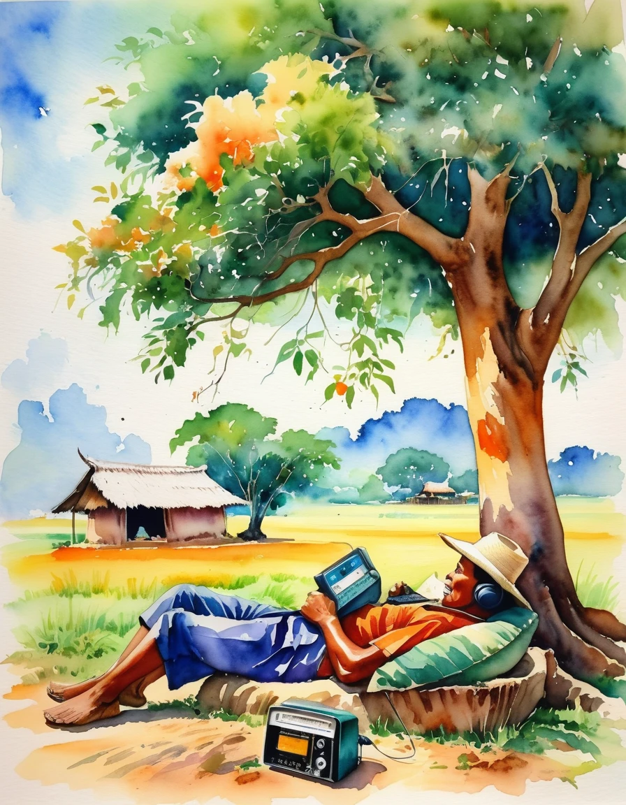 The atmosphere in a rural village in Thailand, a farmer sleeping under a tree listening to the radio. There is a buffalo lying next to us according to the ancient way of life in 1968. Nature's colors are bright, clear, bright and beautiful. Watercolor picture.