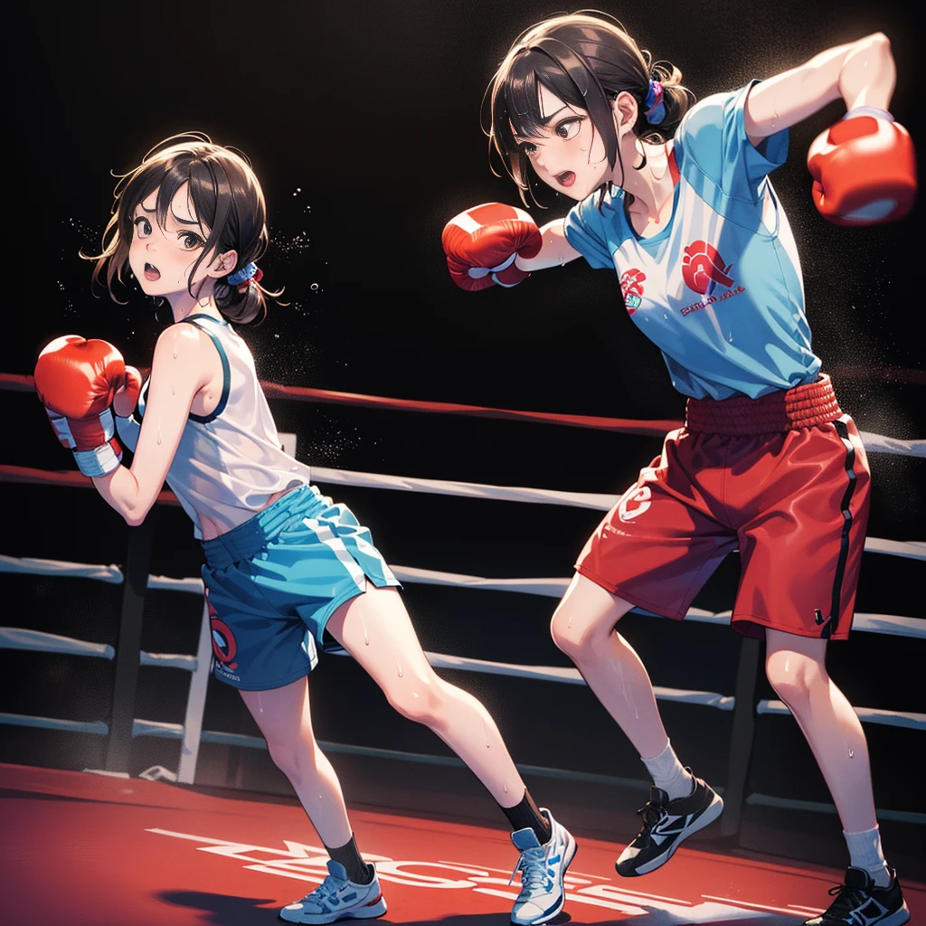 (steam:1.1),(Wet:1.1),(trembling:1.1),(Sweat:1.4),sparring:1.3,(teens girl,boxing:1.6),2 girl,Boxer,action:1.6,dynamic pose,dynamic angle,low angle,full body shot,medium shot,(4K), (Raw photo: 1.2), (Realism: 1.4), (masutepiece: 1.3), (exquisite detailing: 1.2), Delicate and beautiful details, (Eye Detail), (Facial Detailed), (Highest Quality:1.4), (Hyper-Resolution: 1.2), (very detailed illustration),
