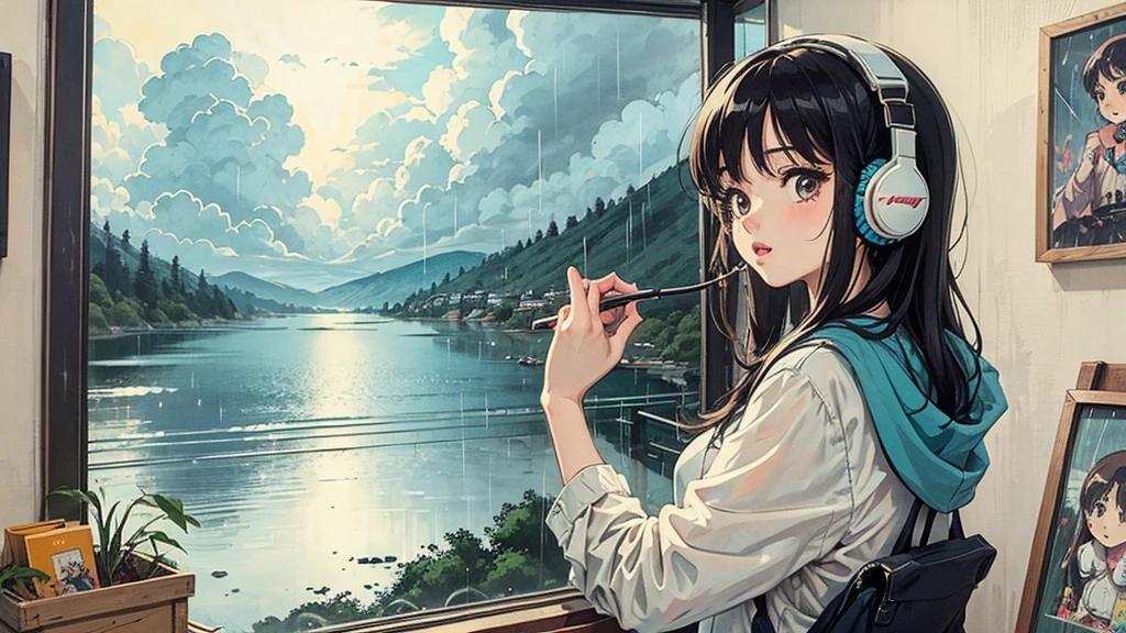 A cute girl's room, girl, 80s anime style, wearing headphones, rainy day, retro, lo-fi, detailed, perfect fingers, masterpiece, cloudy and raining outside