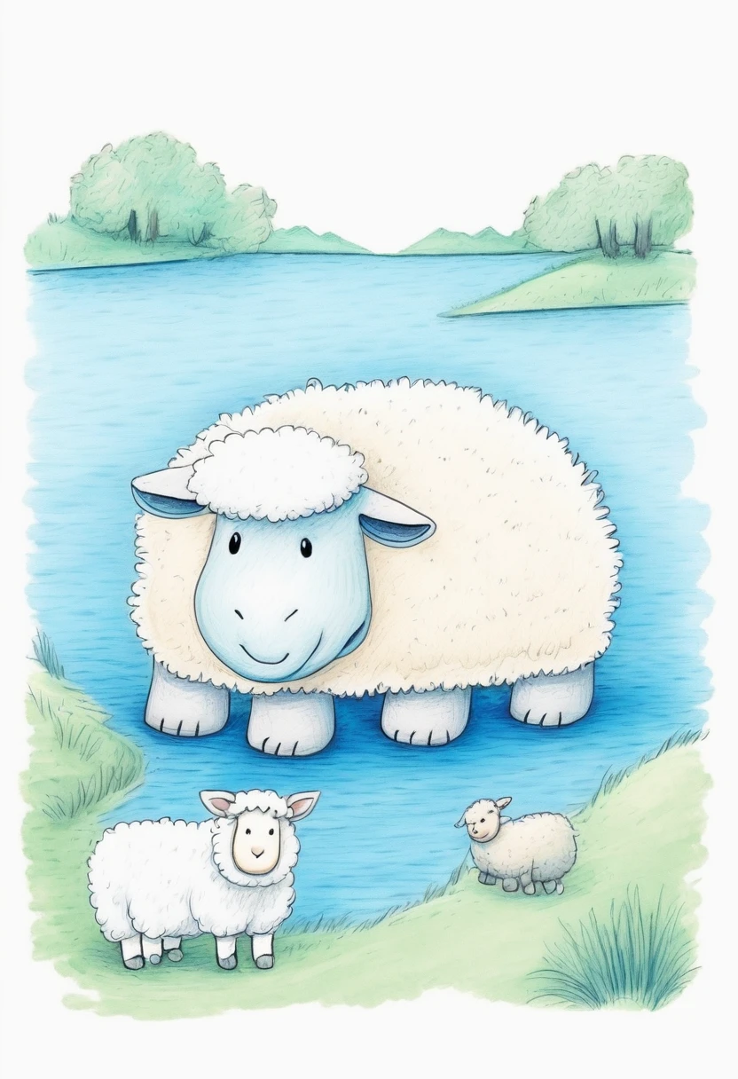 low quality, Children's Drawings, one crocodile, cute, Sheep-like, (fluffy), (stuffed), blue, smiling, landscape, swim, White background