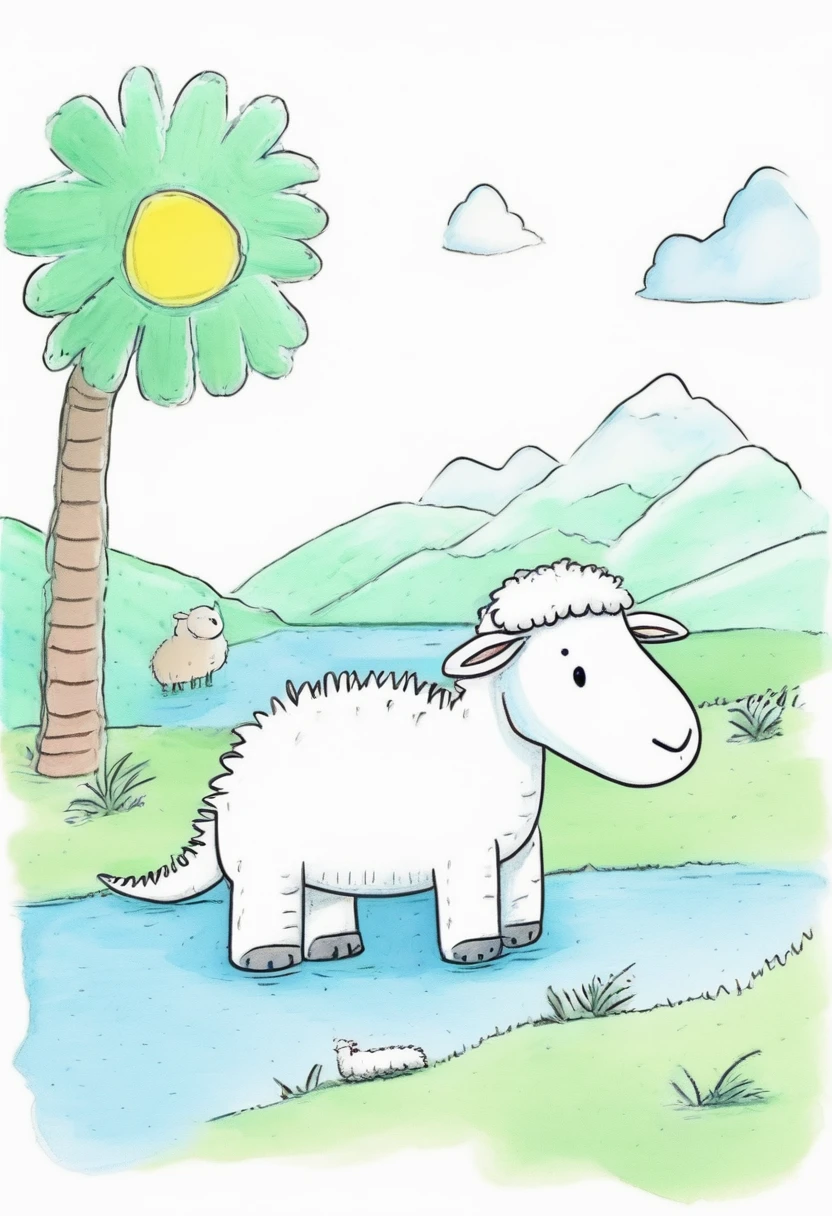 low quality, Children's Drawings, one crocodile, cute, Sheep-like, (fluffy), (stuffed), blue, smiling, landscape, swim, White background