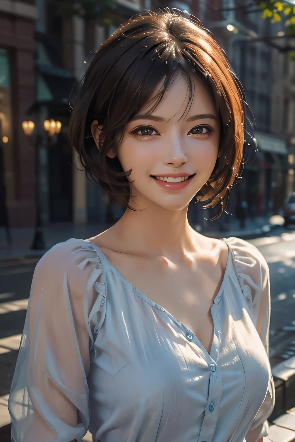 ((masterpiece)), ((Highest quality)), ((Complex)), ((Surreal)), (Realistic), (Mature Woman), ((There are no classes)), Very detailed, (1 female), Beautiful and exquisite, (Beautiful Teeth), Grin, Brunette Bob Hair, Brown eyes, ((blouse)), (Upper Body), (background:none), Perfect Eyes, Captivating eyes, Looking at the audience