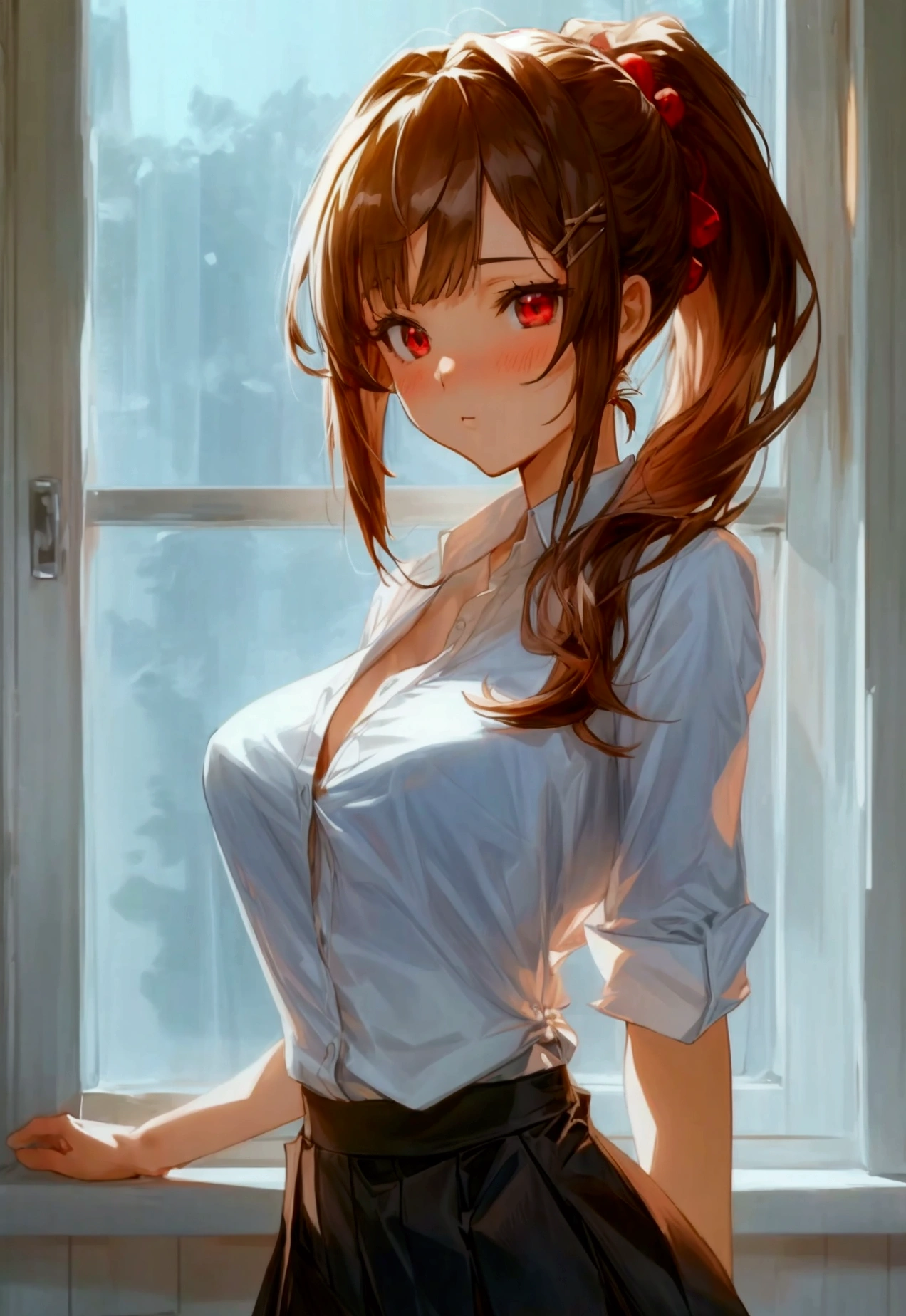 , 1girl, masterpiece, long hair, ponytail, medium breasts, anime, , anime screencap, indoors, long bangs, hair ornament, white shirt, black pantyhose, black skirt, red eyes, dark brown hair, thighs, intricate shirt, standing, best quality, sunlight, beauty, 1girl.