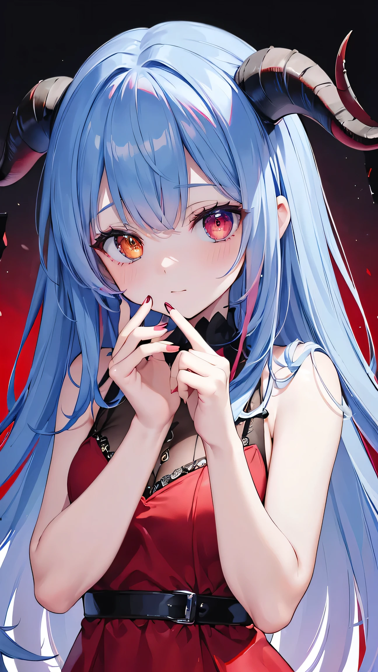 (((Best quality, 8k, Masterpiece: 1.3)), ((best quality)), ((masterpiece)), (detailed), perfect face, horns, crazy eyes, devil pupils, heterochromia, crazy, yandere, Demon girl with goat horns, demon world, underground, dim light, Long nails, nail art, nail artist, Beautiful fingertips, detailed hands and fingers, Party Dress, red dress, blue hair