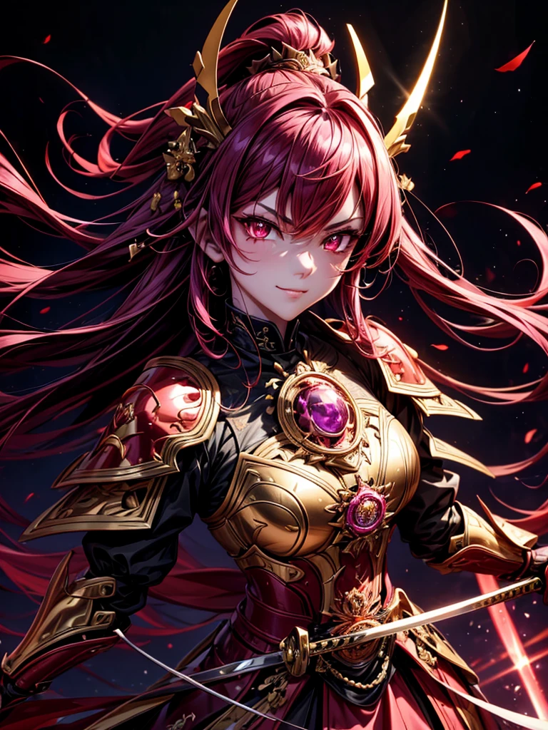 best quality,4K,high resolution),Ultradetailliert,realistisch,portrait, Lila Samurai Sukkubus mit einen katana dunkelrotem Haar, a purple-dark red armor with gold neon lights with gold trim and glowing red eyes, Leuchtende Farben, delicate features, seductive glance, Charming smile, wallende Haare, sanfte Beleuchtung