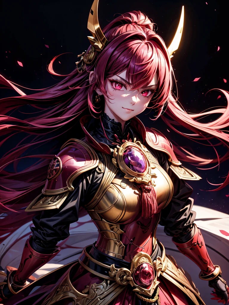 best quality,4K,high resolution),Ultradetailliert,realistisch,portrait, Lila Samurai Sukkubus mit einen katana dunkelrotem Haar, a purple-dark red armor with gold neon lights with gold trim and glowing red eyes, Leuchtende Farben, delicate features, seductive glance, Charming smile, wallende Haare, sanfte Beleuchtung