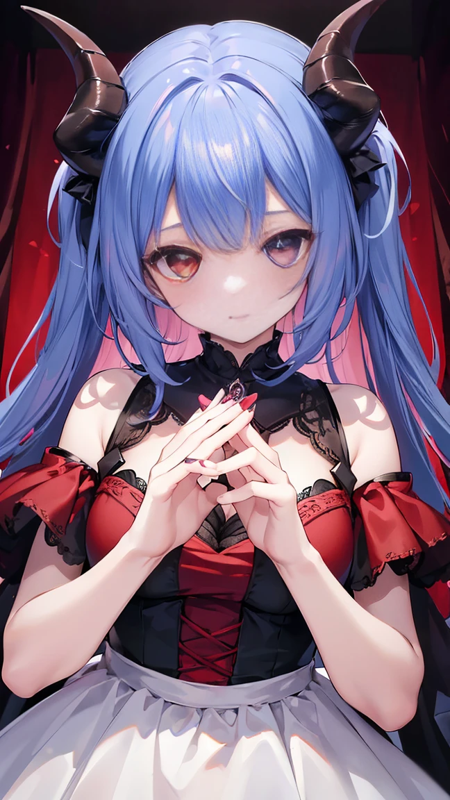 (((Best quality, 8k, Masterpiece: 1.3)), ((best quality)), ((masterpiece)), (detailed), perfect face, horns, crazy eyes, devil pupils, heterochromia, crazy, yandere, Demon girl with goat horns, demon world, underground, dim light, Long nails, nail art, nail artist, Beautiful fingertips, detailed hands and fingers, evening dress, red dress, blue hair