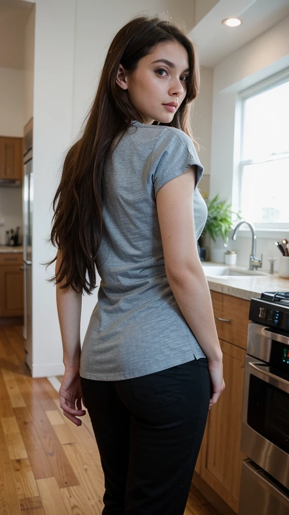 selfie of a Cute beautiful sexy brunette, 22 years old,
kitchen background
cooking
arafed woman with long brown hair, sexy, ultra-realistic, Instagram female model,
modern kitchen background, photorealistic, sexy,
blue t-shirt, black pants, cuisine de dos, culotte, from the back