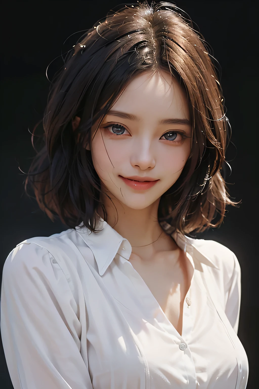 ((masterpiece)), ((Highest quality)), ((Complex)), ((Surreal)), (Realistic), (Mature Woman), ((There are no classes)), Very detailed, (1 female), Beautiful and exquisite, (Beautiful Teeth), Grin, Brunette Bob Hair, Brown eyes, ((blouse)), (Upper Body), (background:none), Perfect Eyes, Captivating eyes, Looking at the audience
