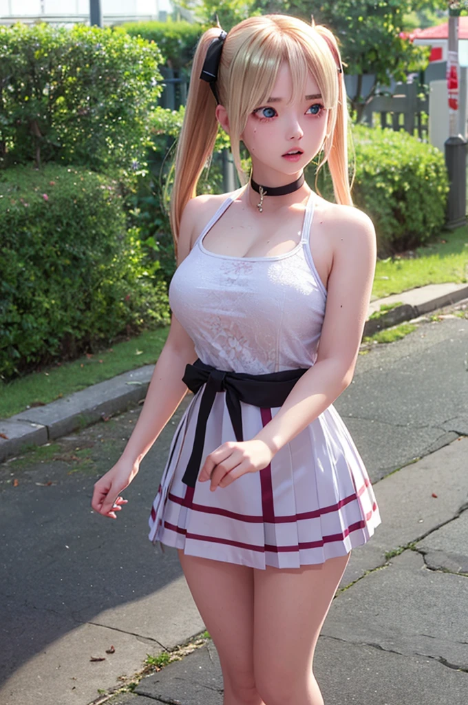 extremely detailed, standing position, pov crotch, finely detail, raised armpits, best quality,extremely detailed CG unity 8k wallpaper,high res, beautiful detailed girl, extremely detailed eyes and face,((sexy pose)),((seductive pose)),outdoors, marie rose,1 girl, solo, blonde hair, plaid skirt, twintails, long hair,outdoors, blue eyes, red skirt,bare shoulders, hair ornament, pleated skirt, bangs, small breasts, studded belt,red necktie,ankle,bare legs,full body,street