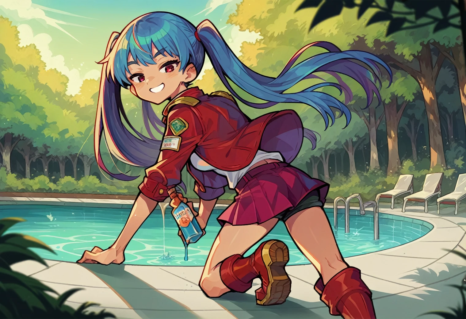 score_9, score_8_superior,score_7_superior, sauce_Furry, sauce_ anime,
break
forest, Pool, light, Dynamic Lighting,
Break 1 Girl, looking superior, smile, Half closed eyes, FC Ester, Twin tails, Red jacket, Blue shoulder pads, White shirt, Red Skirt, Short shorts, Red Boots,